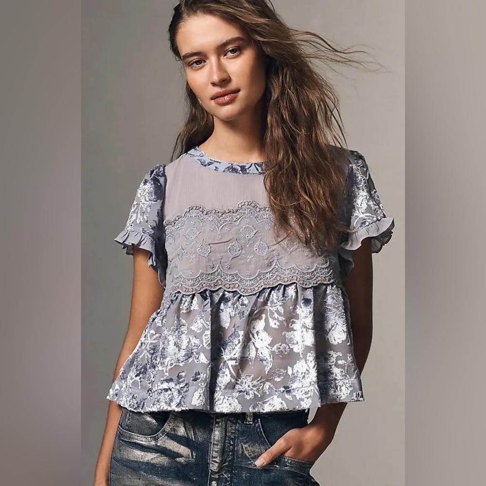 BY ANTHROPOLOGIE Short Sleeve Velvet Burnout Swing Top